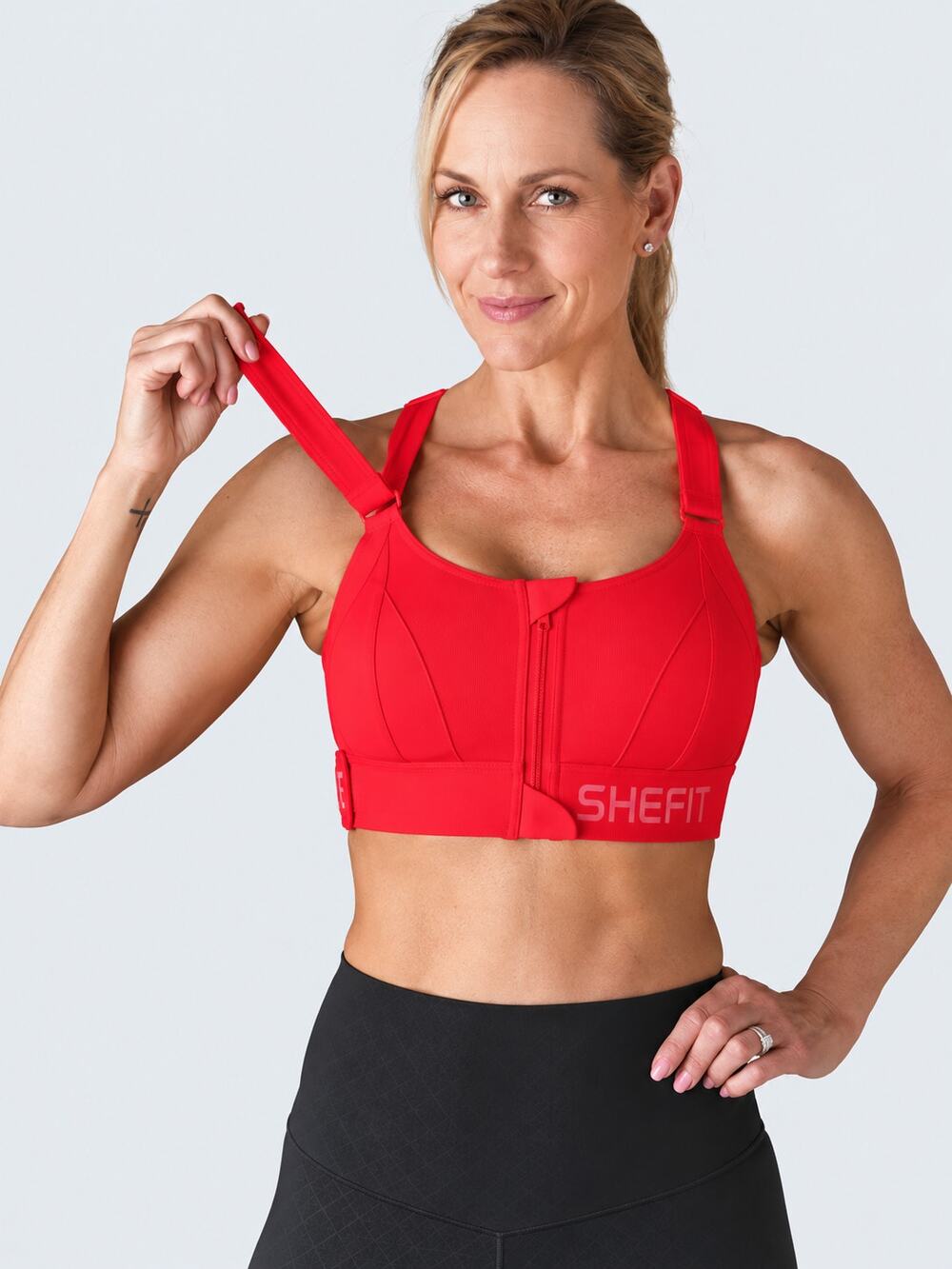 SHEFIT Bright Coral Sports Bra 2Luxe Zip Front Adjustable Straps Cross NWOTBack - Picture 1 of 9
